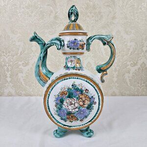 Vintage Hand Painted Footed Ceramic Water Pitcher Green White Floral Signed 1994